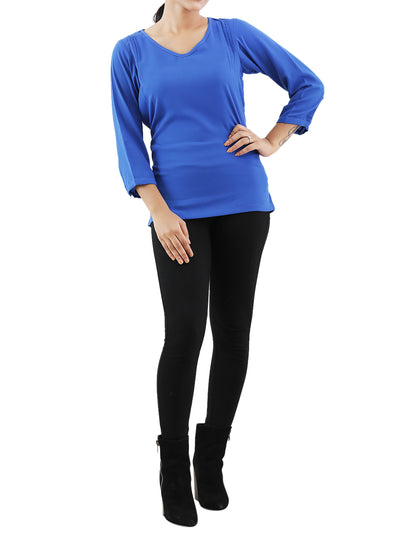 Chic Elegance: Round Neck 3/4 Sleeve Top with Waist Knotted Belt