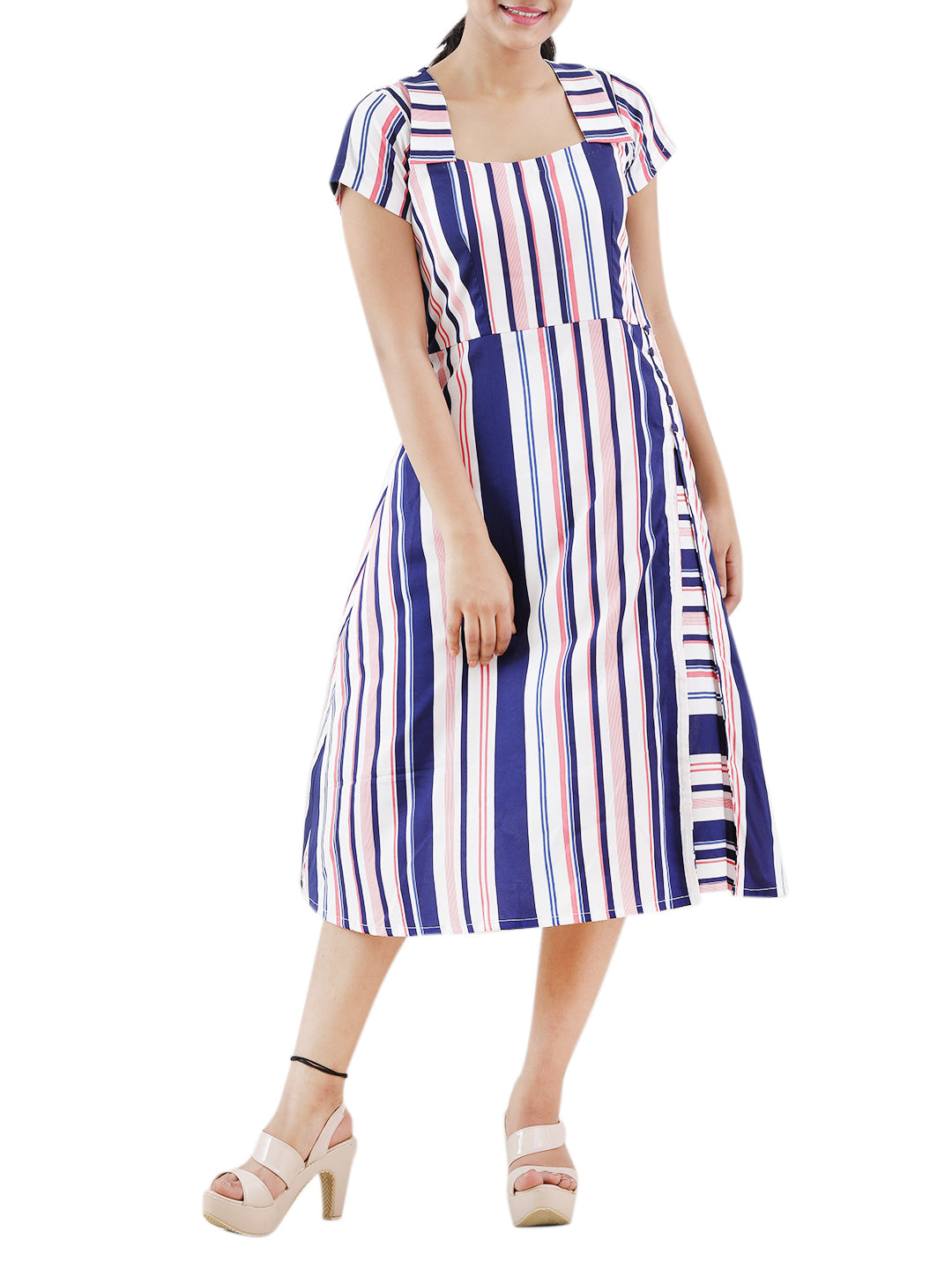 Striped Elegance Collar Neck Slit Design Dress