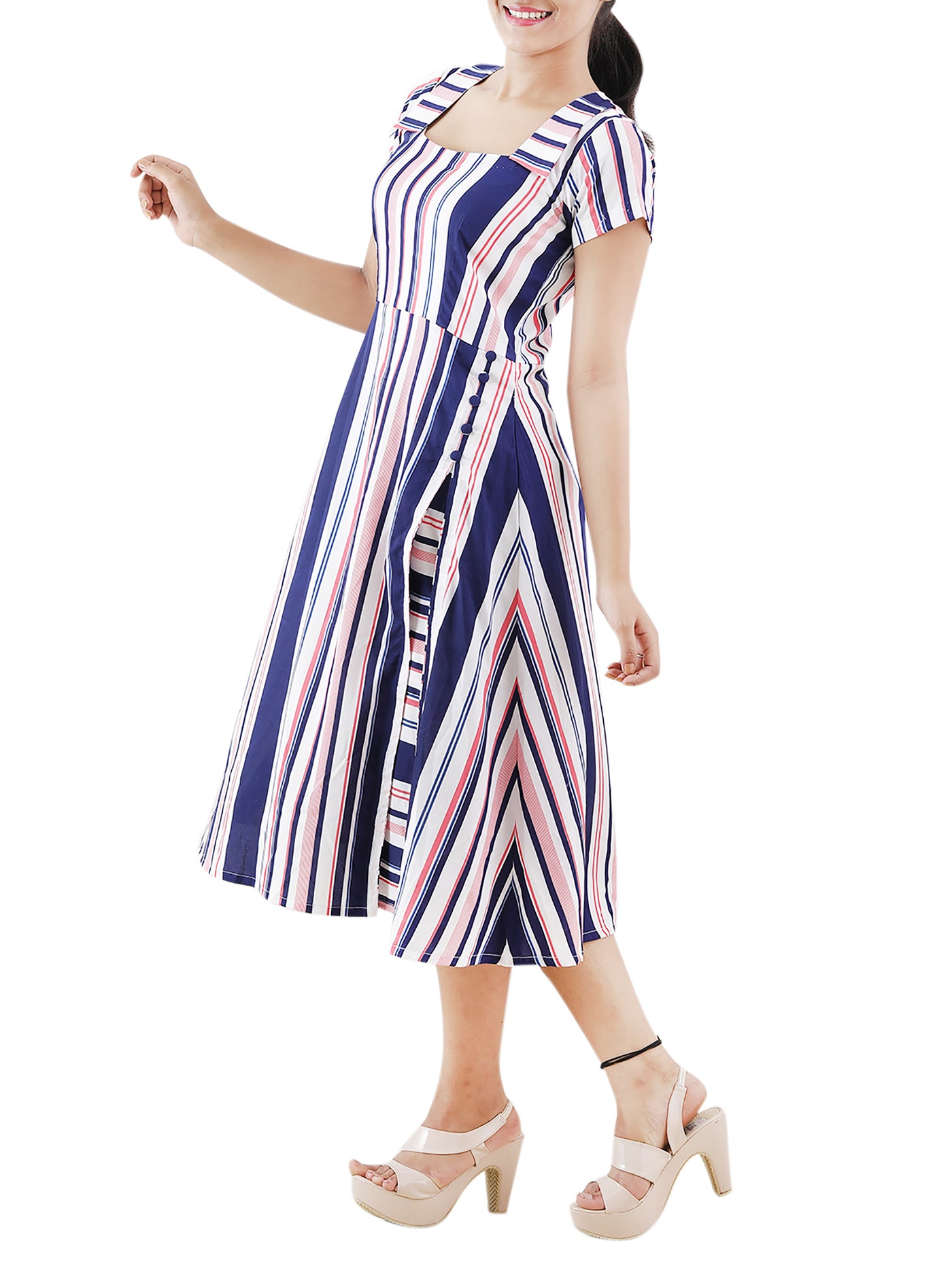 Striped Elegance Collar Neck Slit Design Dress